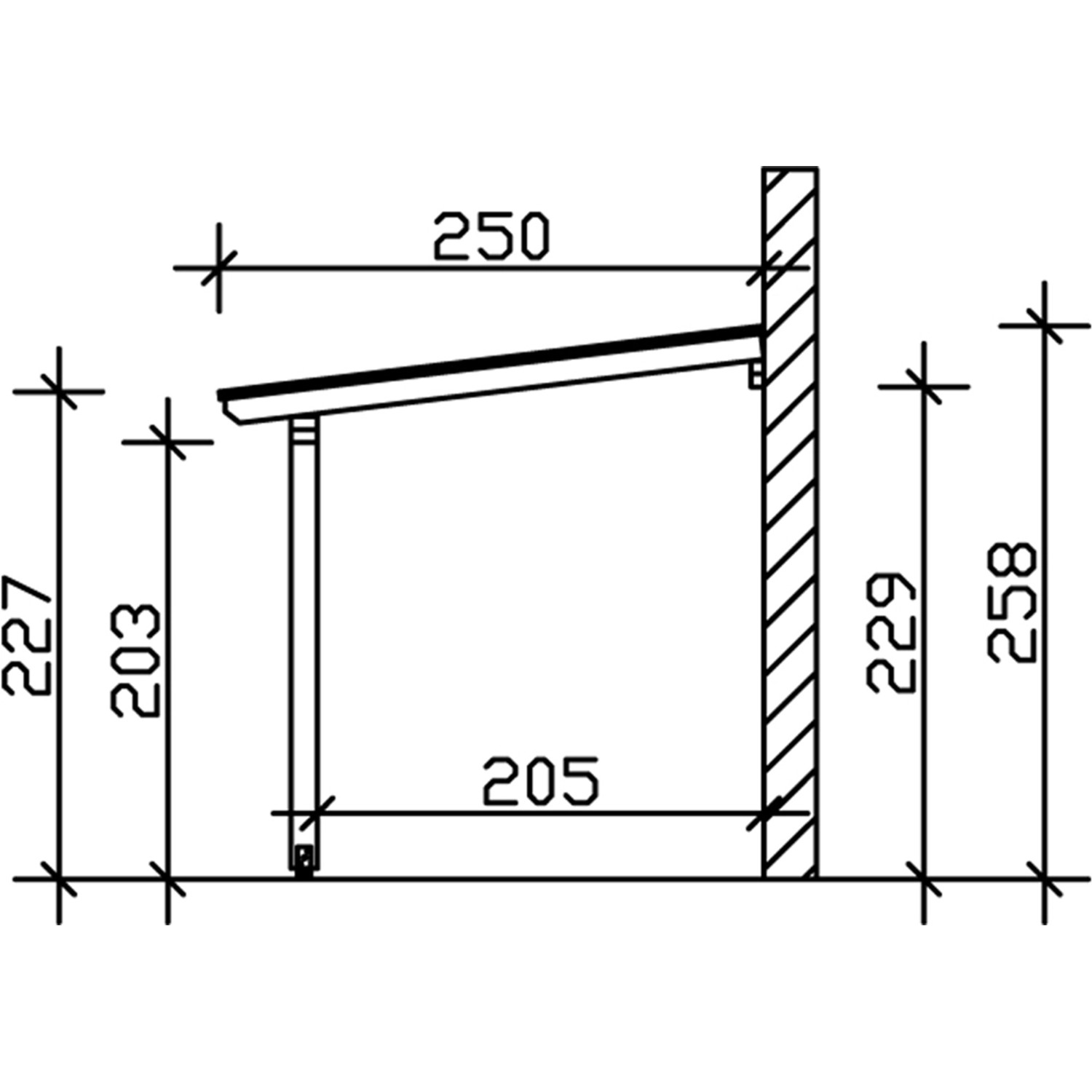 Skizze der Skan Holz Terrassenüberdachung Andria, 648x250 cm, Leimholz Nussbaum, mit Maßangaben.
