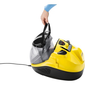Gelb-schwarzer Kärcher Dampfsauger SV7 mit abnehmbarem Wassertank. Bodenstaubsauger mit Dampffunktion.