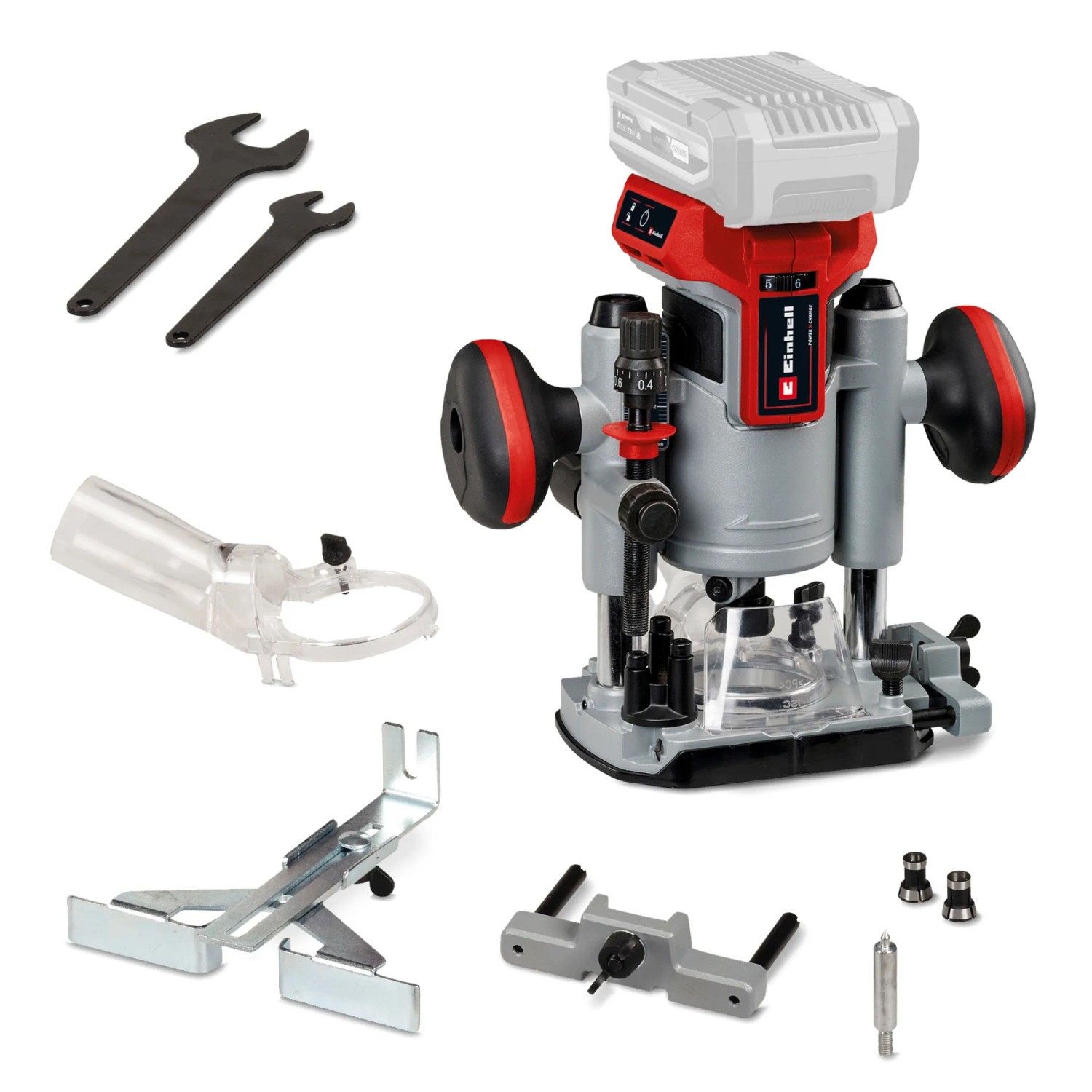 Einhell Akku-Oberfräse TP-RO 18 Li BL Solo mit Zubehör. Akkubetriebene Fräse für Holzbearbeitung.