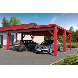 Holzbrüder Carport Ralf 42, oxidrot mit rotem Dach, unter dem zwei Autos parken.