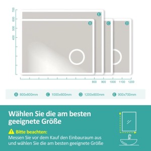 Emke LED Badspiegel, rechteckig, mit Beleuchtung und Touch. Größenübersicht für Badezimmer. Wähle passende Maße.