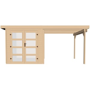 Unbehandeltes Weka Holz-Gartenhaus mit Flachdach und Anbau, 489x237 cm.