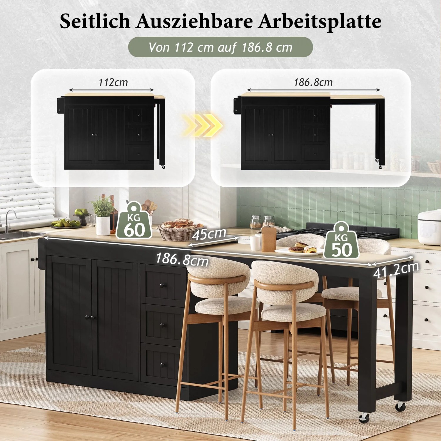 okwish Kücheninsel mit Rollen Schubladen Ausziehbarer Essbereich 112-186.8x45x93cm Schwarz_9