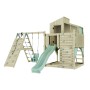 Spieltürme & Spielanlagen: Holz-Spielturm mit mintgrüner Babyschaukel, Rutsche und Kletterwand.