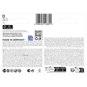 Rückseite der Varta Mono D LR20 Alkali-Mangan 4er-Pack Batterien. Weiße Kartonverpackung mit Barcode und Made in Germany.