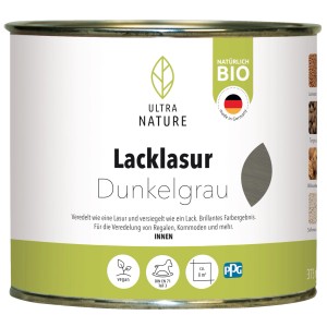 Dunkelgraue Ultra Nature Lacklasur, vegan, 375ml Dose für Holzoberflächen im Innenbereich.
