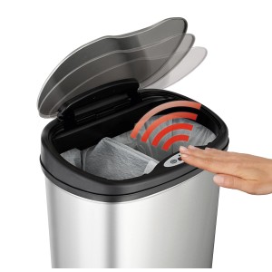 Mülleimer mit Sensor und Mülltrennsystem (22 l + 28 l) aus Edelstahl, Deckel öffnet sich durch Sensor.