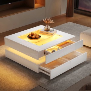 okwish Couchtisch mit LED Glasplatte Schubladen 70x70x35cm Hochglanz Weiß