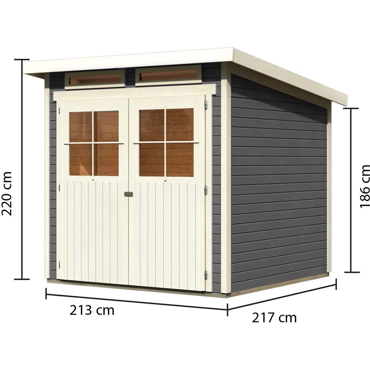 Karibu Holz-Gartenhaus Egersund, terragrau, mit Pultdach und Doppeltür. Abmessungen: 209x213 cm.