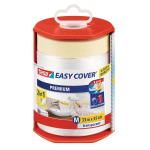 Tesa Easy Cover Premium Abdeckfolie mit Malerband, 33 m x 0,55 m, im roten Spender.