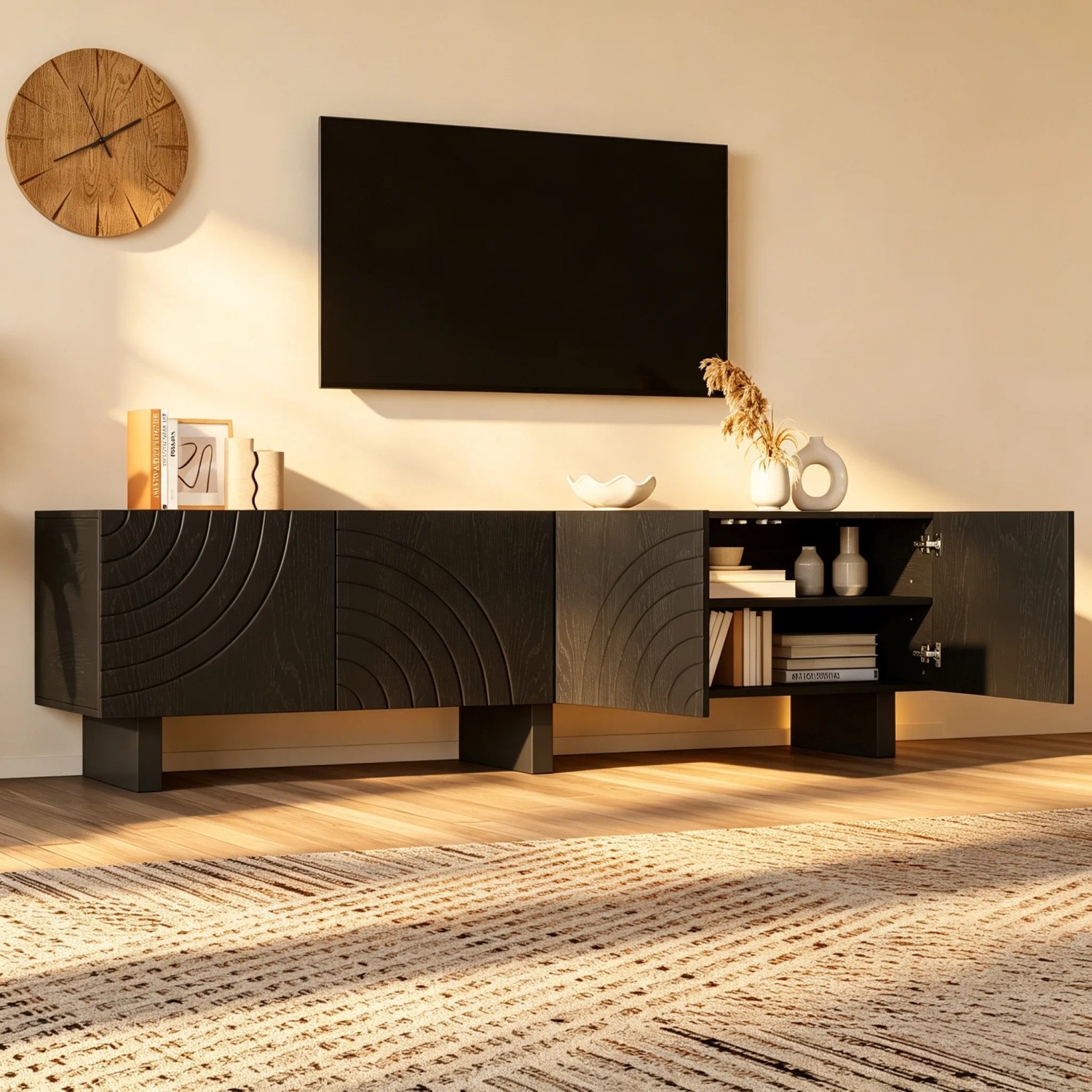 okwish TV-Bank Mit Struktur 4 Türen Wohnzimmer 180x40x55cm Schwarz_2