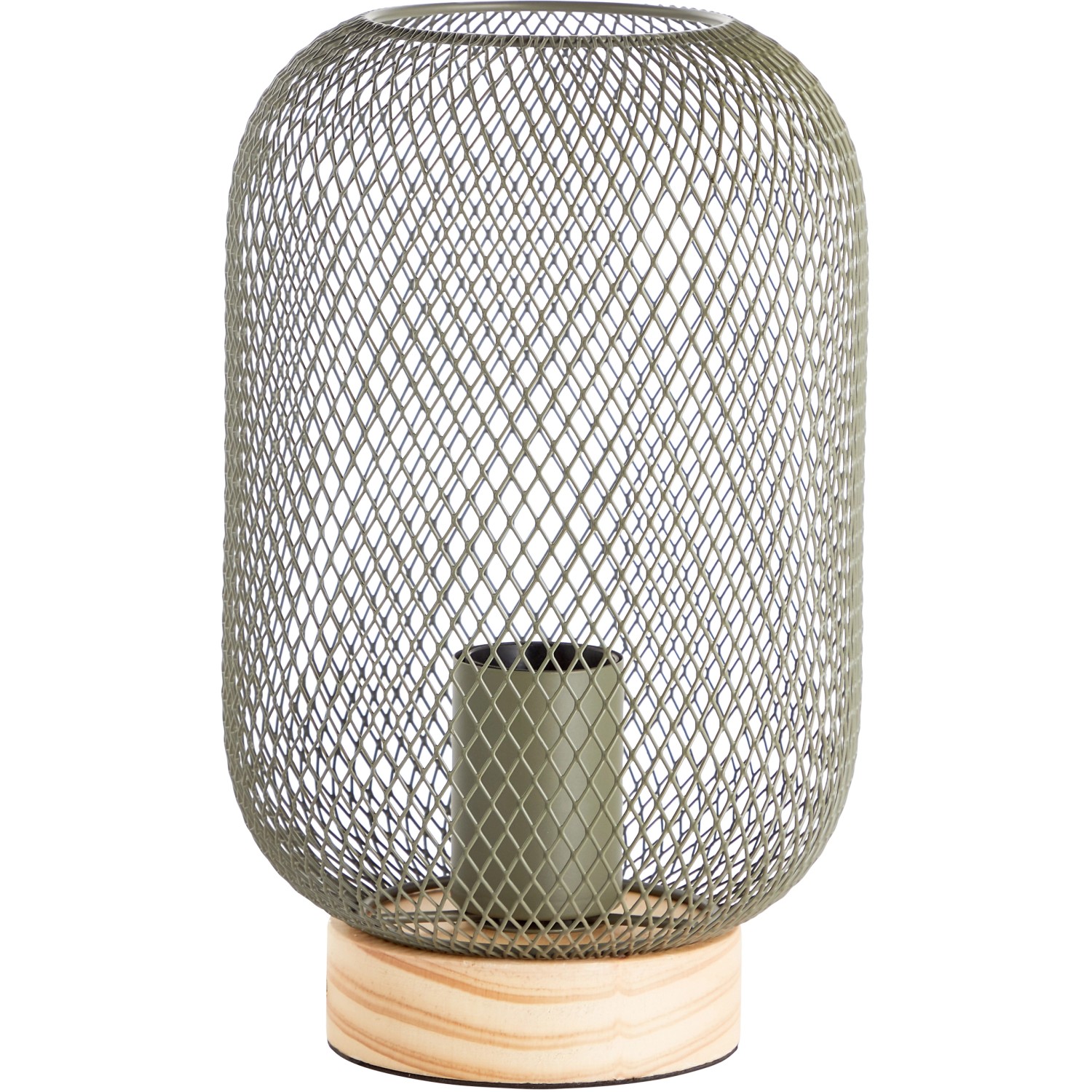 Olivgrüne Design-Tischleuchte Giada mit Holzfuß und Metallgitter-Schirm für gemütliches Licht.