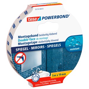 Tesa Powerbond Montageband Mirror, 5m x 19mm, für Spiegelmontage in Feuchträumen.