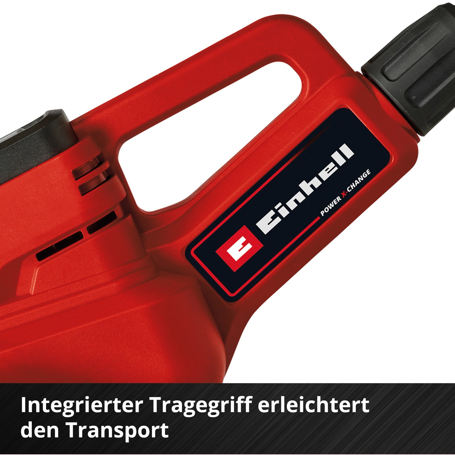 Detailaufnahme der Einhell Akku-Bodenhacke mit Tragegriff. Power X-Change.