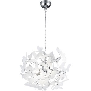 Moderne Pendelleuchte Butterfly in Chrom-Optik mit weißen Schmetterlingen, Durchmesser 50 cm.