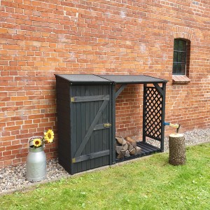 Anthrazitfarbene Promadino Kaminholzkombination Speyer mit Geräteschrank und Kaminholzregal.