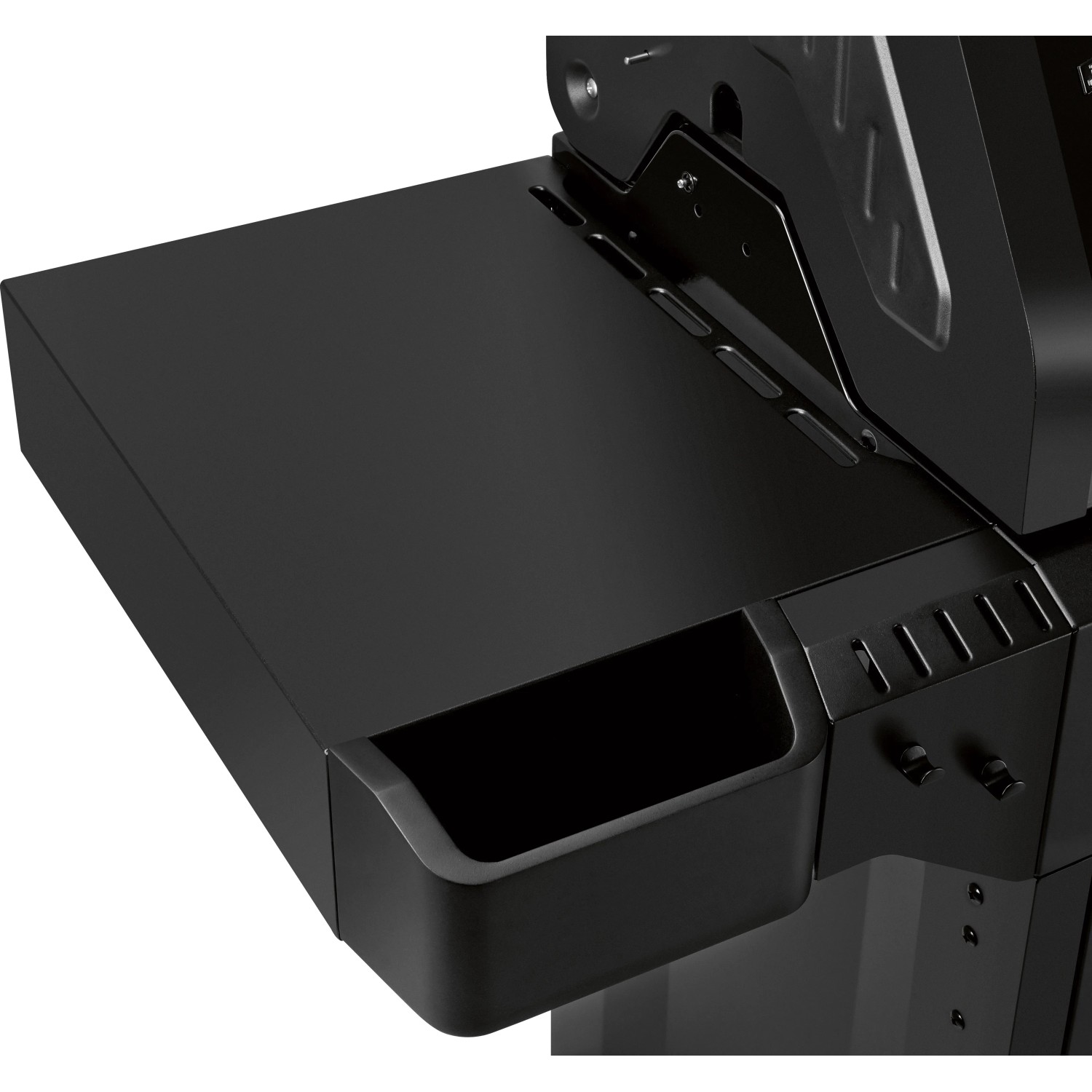 Detailaufnahme: Schwarzer Jamestown Knox II Gasgrill mit Seitentisch und Ablage.