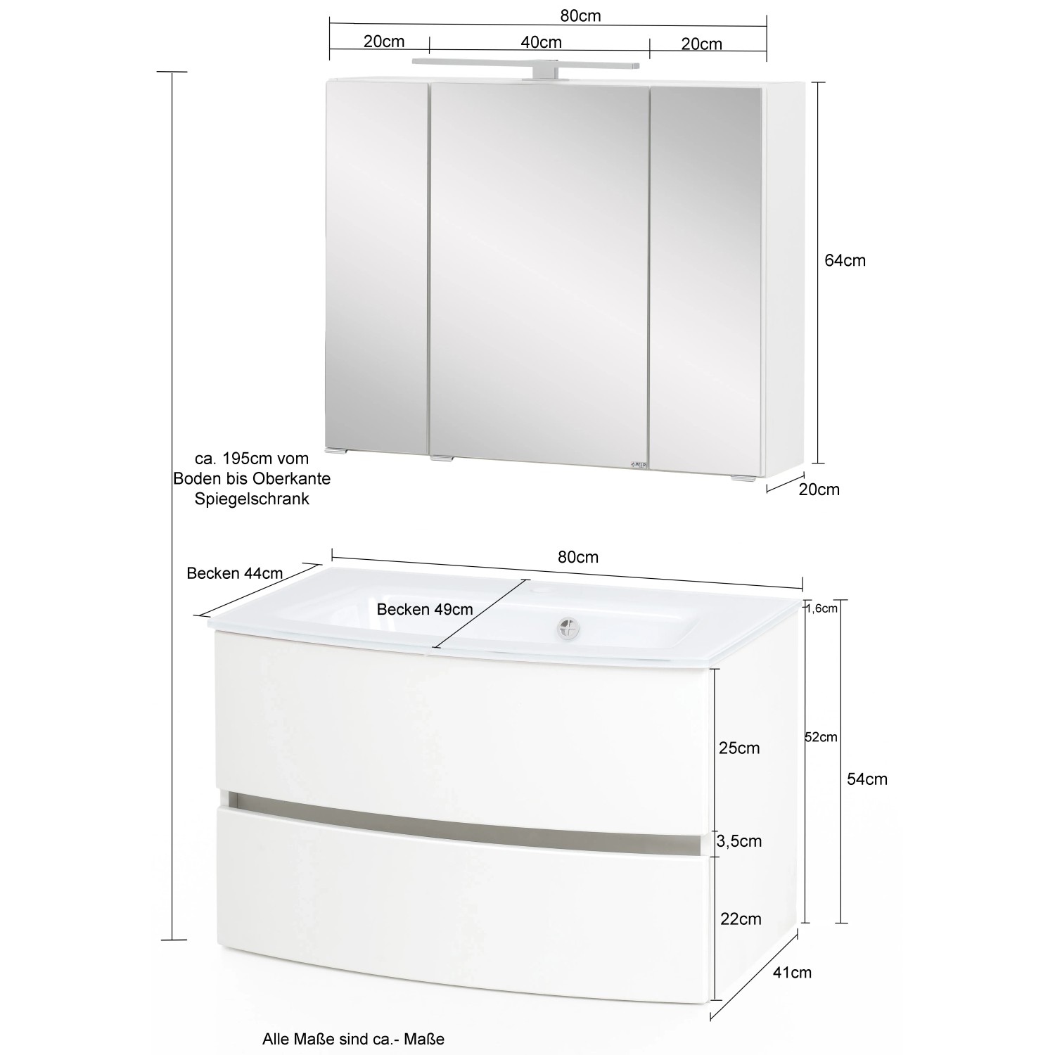 Held Möbel Waschtisch-Set Salerno, 80 cm, Wotaneiche mit weißem Glasbecken und Spiegelschrank.