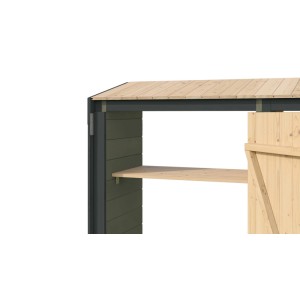 Detailansicht des GH Killarney RH 300 Brennholzregals in Graugrün/Anthrazit mit Holzboden und abschließbarer Tür.
