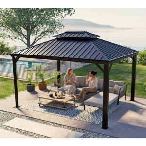Sojag Pavillon Messina 10x12 Anthrazit mit Stahldach und Moskitonetz. Gartenmöbel unter dem Pavillon.