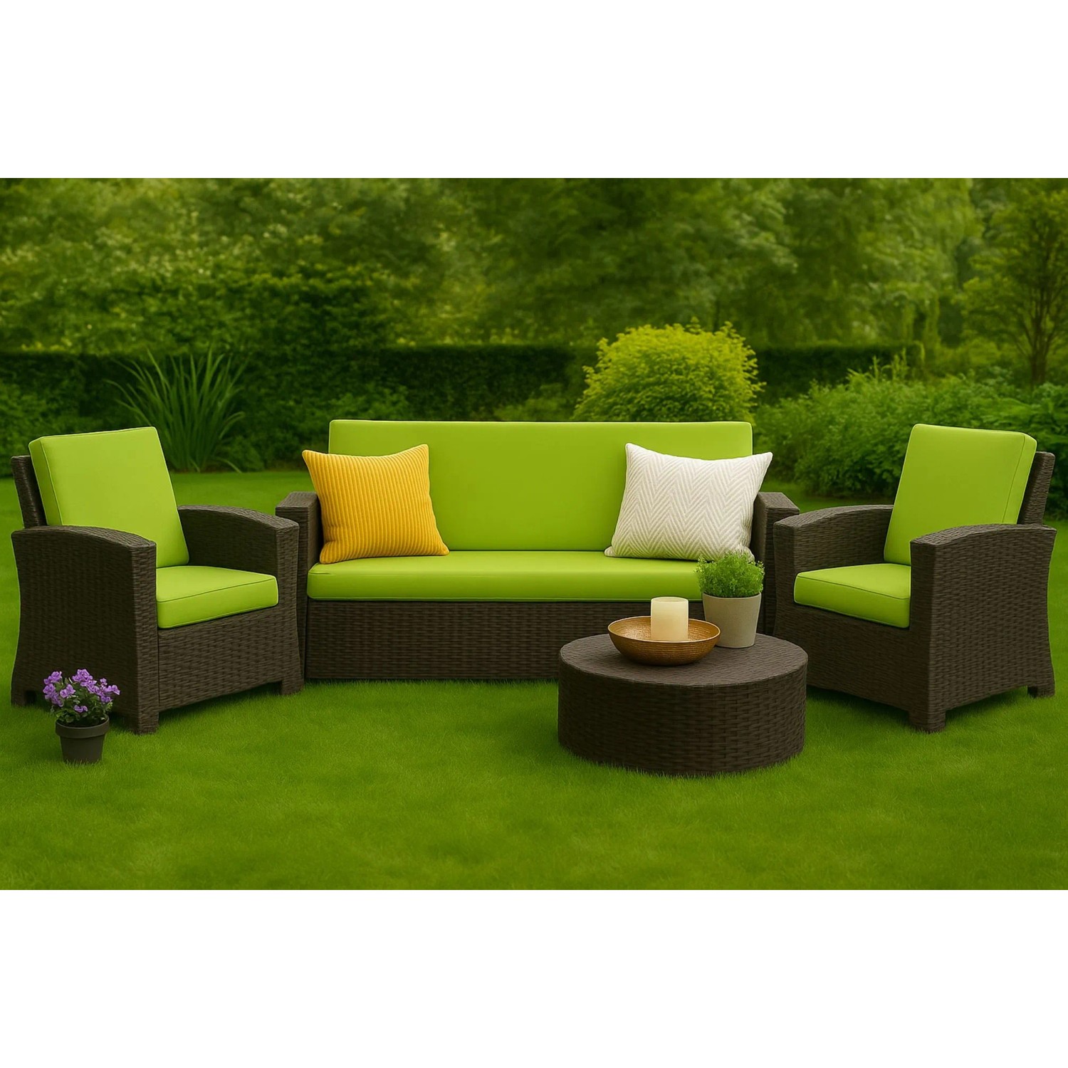 Gartenmöbel-Set mit Sofa, Sesseln und Tisch, grüne Kissen "Lemon" für Polyrattan Möbel.