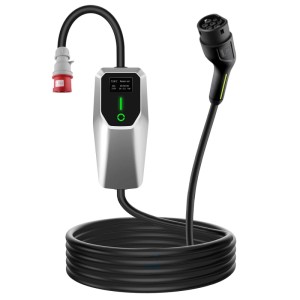 Mobiles Junsun Typ 2 EV Ladegerät 11kW. Silberne Steuerung, roter CEE-Stecker, schwarzes Ladekabel.