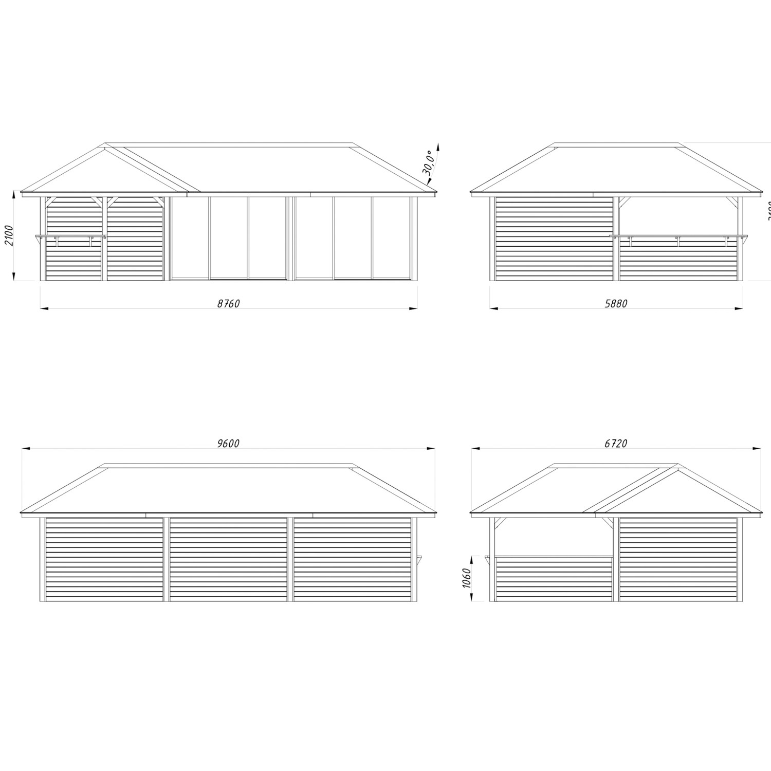 Technische Zeichnung Palmako Pavillon Bianca Set220 Slide Transparent mit Maßen.