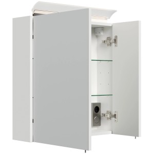 Posseik Spiegelschrank 60 cm, weiß hochglanz, mit LED-Lampe und Glasböden. Offene Türen.