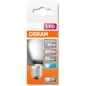 Osram LED Lampe E27, Tropfenform, 4W, neutralweißes Licht. Energiesparend und langlebig.