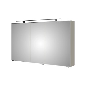 Pelipal Spiegelschrank Quantum 07, Kaschmir Matt, 120 cm mit LED-Leuchte und drei Drehtüren.