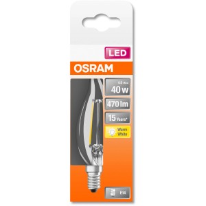 Osram LED-Leuchtmittel E14 Kerzenform, 4W, warmweiß, 470lm. Detailaufnahme der Leuchte in Verpackung.