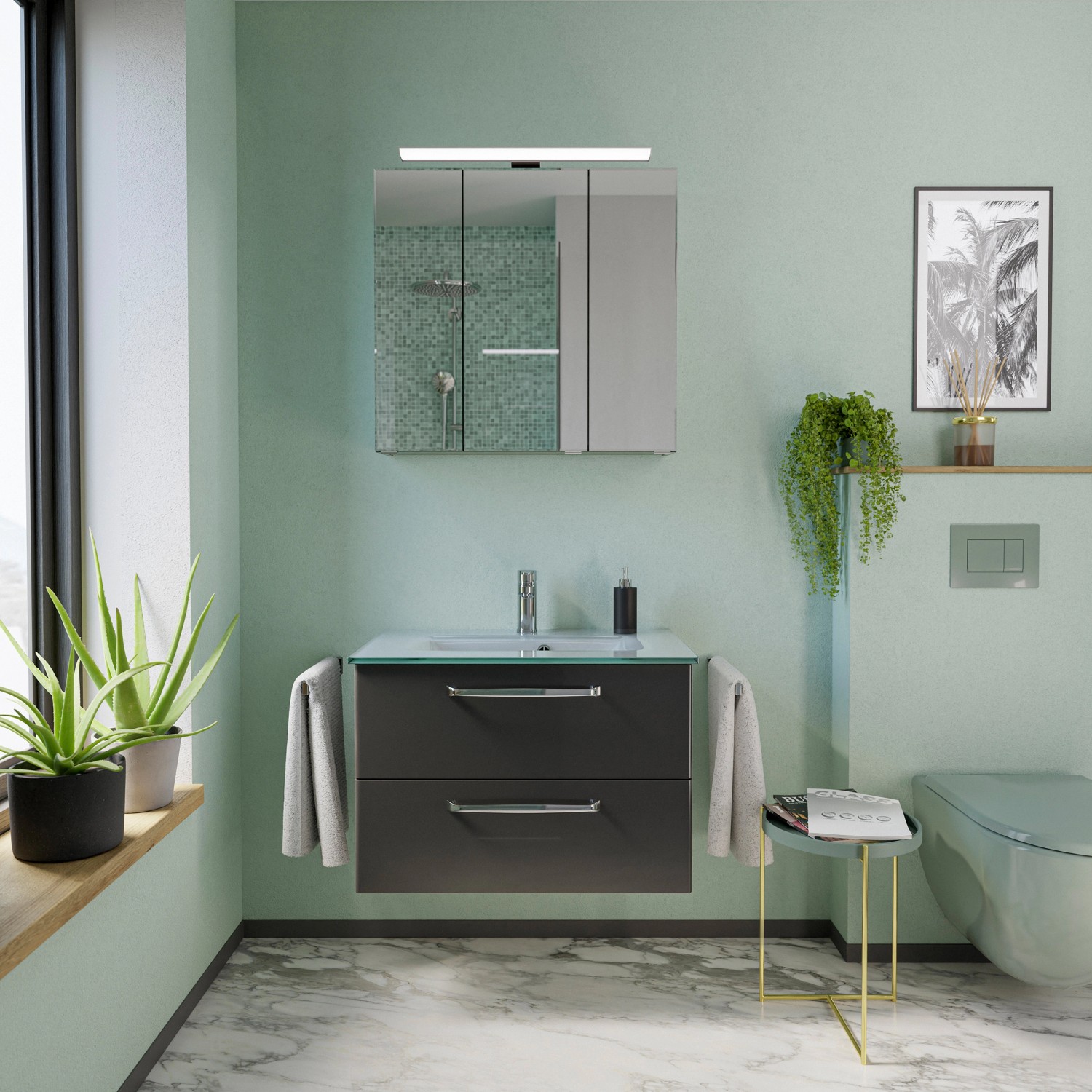 Pelipal Waschbeckenunterschrank Trentino, Anthrazit Hochglanz, 75 cm breit, mit zwei Schubladen im modernen Badezimmer.