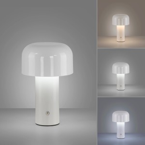 Weiße LED-Akku-Tischleuchte Agnes von Just Light, pilzförmig, für den Außenbereich.