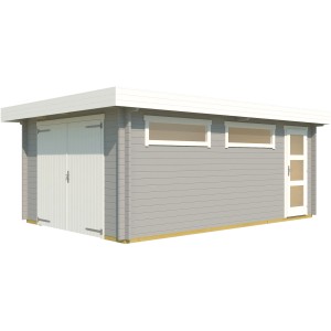 Helle, graue Einzelgarage aus Holz mit Holztor, Fenstern und Tür. Fertiggarage 360x540 cm.