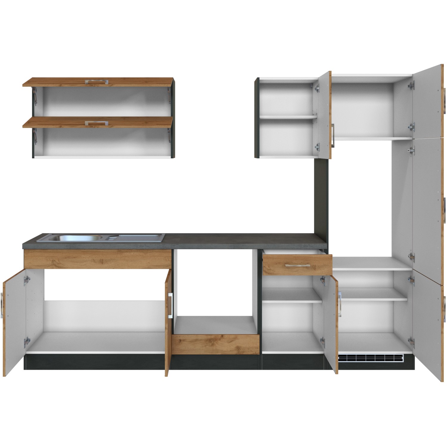 Held Möbel Küchenzeile Sorrento 270 cm in Wotaneiche-Grafit ohne E-Geräte.