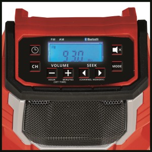 Detailansicht des roten Einhell Akku-Radios TC-AR 18 Li Solo mit Display und Bedienelementen.