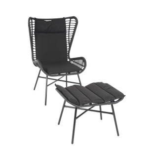 Anthrazitfarbenes 2-teiliges Poly-Rattan Gartenmöbel-Set: Sessel mit Hocker und Kissen.
