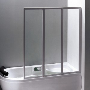 Badewannenaufsatz, 3-teilig, 120x130 cm, aus klarem Sicherheitsglas mit weißen Profilen.