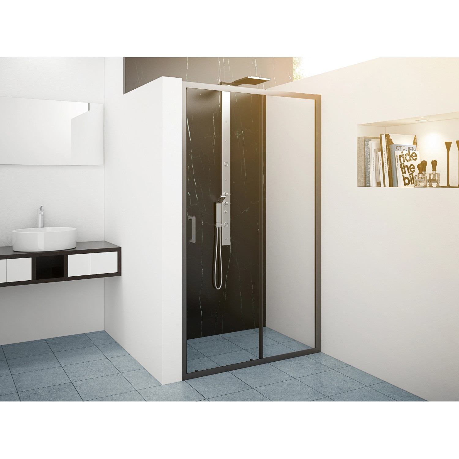 baliv Dusch-Schiebetür DUK-120.91T, 120x195 cm, Schwarz, mit transparentem Glas in Badezimmer.