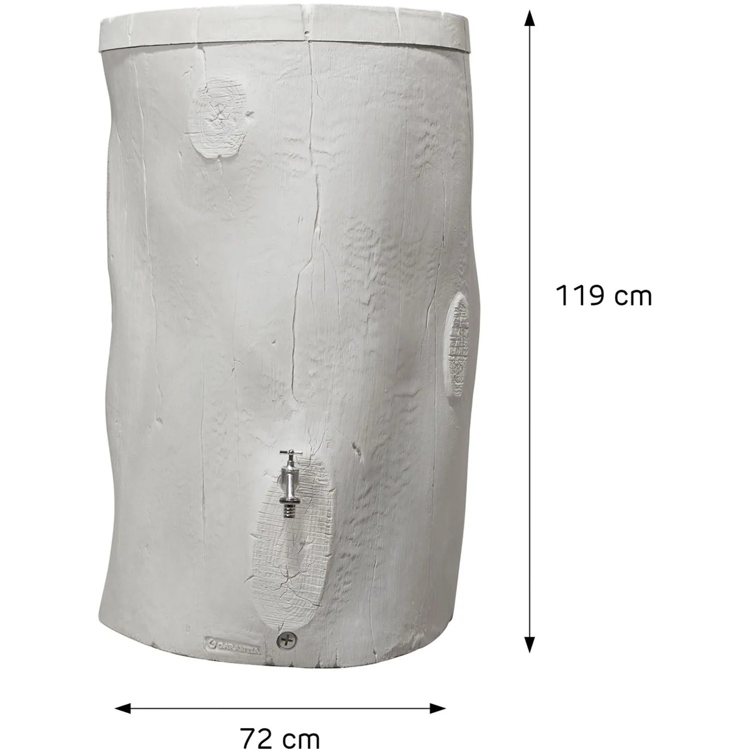 Garantia Regentonne Woodstock, Baumstamm-Design in Grau, 400 l, mit Wasserhahn und Maßangaben.