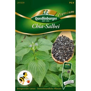 Quedlinburger Chia-Salbei Saatgut: Packung mit Pflanze, Samen und Infos.