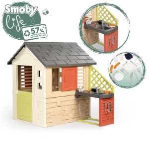 Smoby Life Spielhaus Natur mit Küche, 127x145x110cm, mit Zubehör. Ideal für drinnen und draußen.