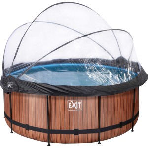 EXIT Wood Pool Ø360cm mit Abdeckung und Wärmepumpe. Stahlrahmenpool in Holzoptik.