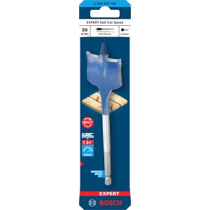 Bosch Flachfräsbohrer Expert Self Cut Speed, Ø 36 mm, blau-silber, für schnelles Bohren.