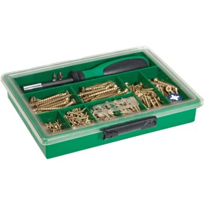 Spax Schrauben-Set mit Bitstick und Bits, gelb verzinkt, sortiert im grünen Kasten.