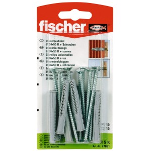 Fischer Universaldübel UX 6x50 mit Schrauben, 10er-Packung, geeignet für diverse Baustoffe.