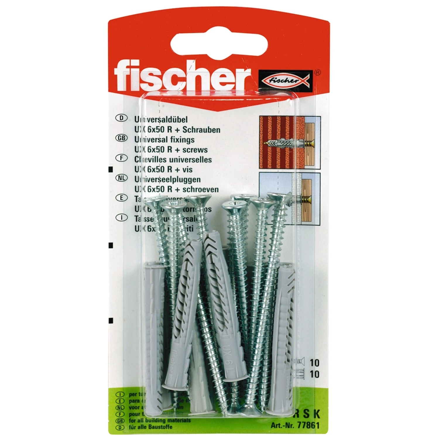 Fischer Universaldübel UX 6x50 mit Schrauben, 10er-Packung, geeignet für diverse Baustoffe.