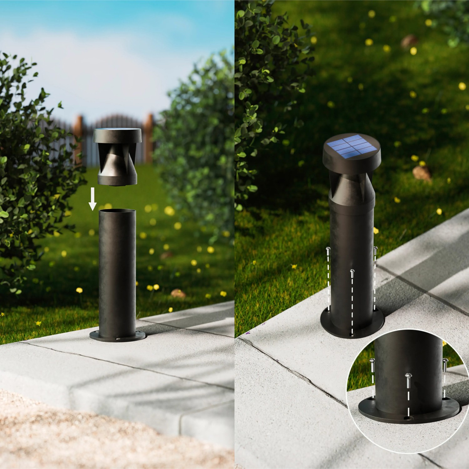 Philips Avery Solar Sockelleuchte, schwarze Wegeleuchte mit Solarpanel und Montageanleitung.