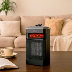 Schwarzer Sannover Vlaneo Elektroheizlüfter mit Flammeneffekt auf Holztisch vor Sofa. 1500 W Heizung für gemütliche Wärme.