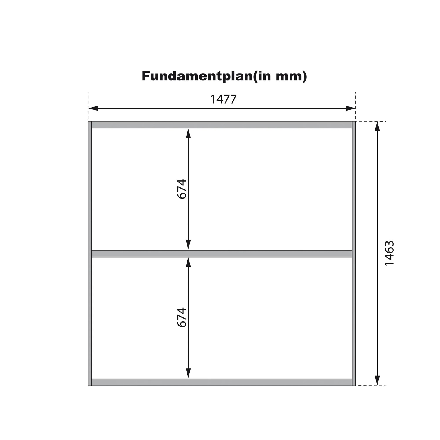 Fundamentplan der Karibu Fasssauna Asymmetrisch 1 mit Maßen in mm.